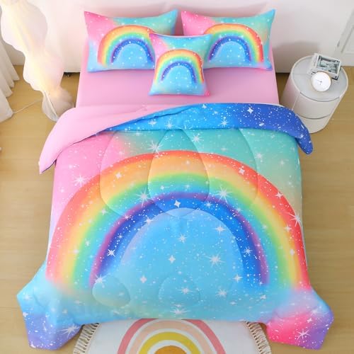 JQinHome Girls Comforter Set Twin, 6 Piece Bed in A Bag 3D Colorful Rainbow Bedding Sets for Teen Girls,with Sheet Sets (Rainbow)