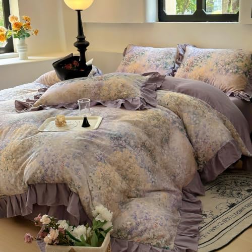 VM VOUGEMARKET Double Gauze Duvet Cover Set Twin Puprle Ruffle with Flower