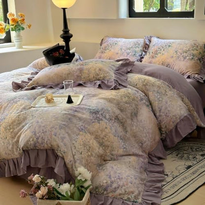 VM VOUGEMARKET Double Gauze Duvet Cover Set Twin Puprle Ruffle with Flower