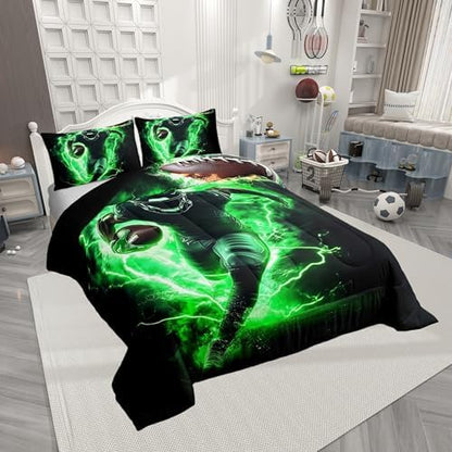 Castle Fairy Teens Sports Football Comforter Set Queen Size,Rugby Bedding Set for Kids Boys Girls Bedroom Decoration,American Football Bed Duvet Insert,Green Lightning Comforter with 2 Pillowcases