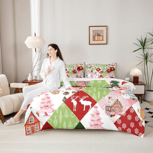 Erosebridal Xmas Patchwork 7 Piece Bedding Set King Kawaii Cartoon Comforter Set with Sheets Cute Christmas Deer Snowman Truck Bed in a Bag Pink Green Tree Snowflakes Bed Sets Comforter