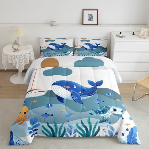 Homewish Cute Whale Comforter Set King Size,Cartoon Ocean Animals Bedding Set for Kids Girls Boys Teens Room Decor,Blue White Grey Stripes Quilt Set Turtle Octopus Fish Duvet Insert,2 Pillowcases