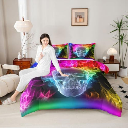 Erosebridal Skull Comforter Set, Skeleton Bones Bedding Set Twin Size Halloween Horror Gold Flame Duvet Sets for Kids Teens Adult Bedroom Decor, Gothic Spooky Bedding Comforters, Warmth Soft