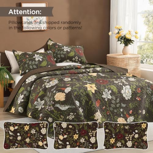 Litanika Floral Dark Brown Quilt - 3Pcs Botanical Birds Pattren Bed Set