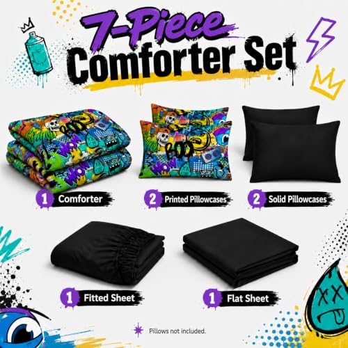 AILONEN Boys Kids Comforter Set Twin,7-Piece Cartoon Hip Hop Skull Bed in a Bag Printed Bedding Set,Colorful Graffiti Soft Comforter & Fitted Sheet & Flat Sheet & 2 Pillowcases,2 Pillow Shams,Black