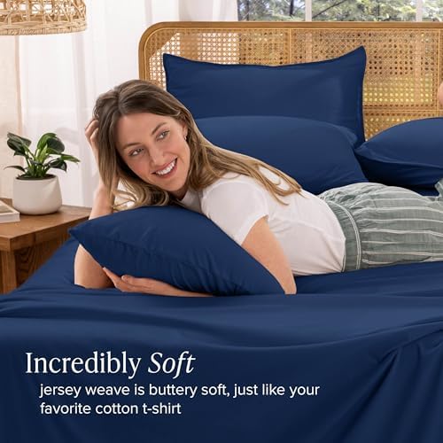 Bare Home 100% Organic Cotton Jersey Sheet Set (Queen, Dark Blue)