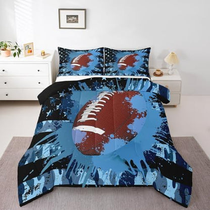 Camouflage Comforter Set, Kids Boys Football Bedding Set American Flag Down Comforter for Teens Adult Young Men, USA Federations Stars Stripes Duvet Sets Tie Dye Bedroom Decor, Blue(Queen Size)