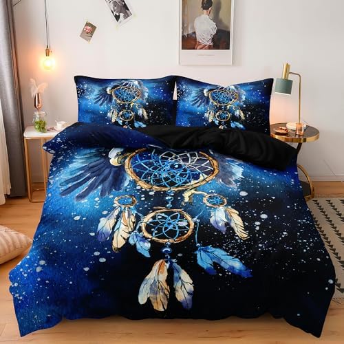 Blue Dream Catcher King Duvet Cover Boho Style – Bohemian Bedding Set with Tribal Print – Soft Microfiber Boho Comforter Cover for Bedroom Décor