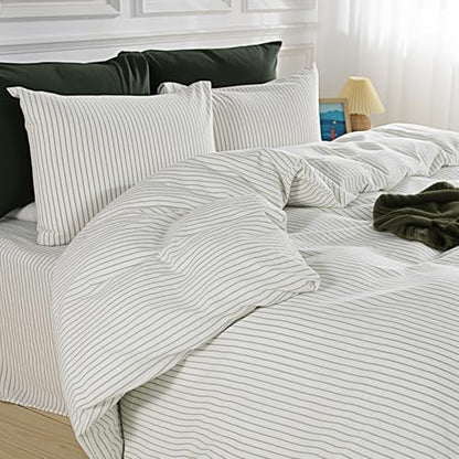 NEXHOME PRO Striped Duvet Cover Full Size,100% Washed Cotton Bedding Set,Textured Linen Feel,Breathable,Organic,3 Piece(Green Stripes 80x90)