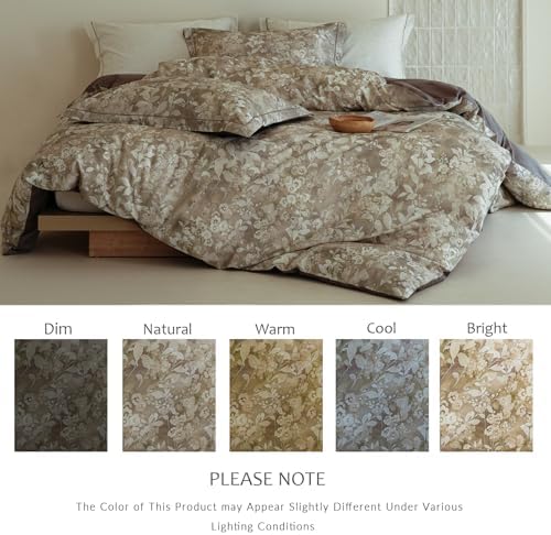 Floral Comforter King Size - 100% Long Staple Cotton Gradient Brown Leaf Reversible Comforter Set 3pcs, Soft Breathable Hypoallergenic Bedding Set