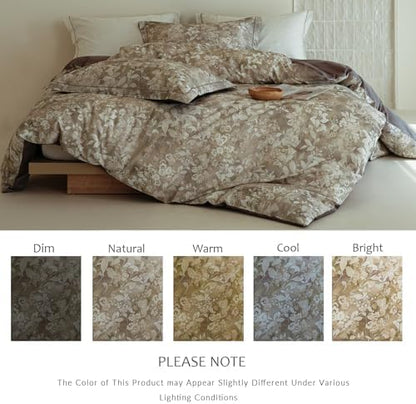 Floral Comforter Queen Size - 100% Long Staple Cotton Gradient Brown Leaf Reversible Comforter Set 3pcs, Soft Breathable Hypoallergenic Bedding Set