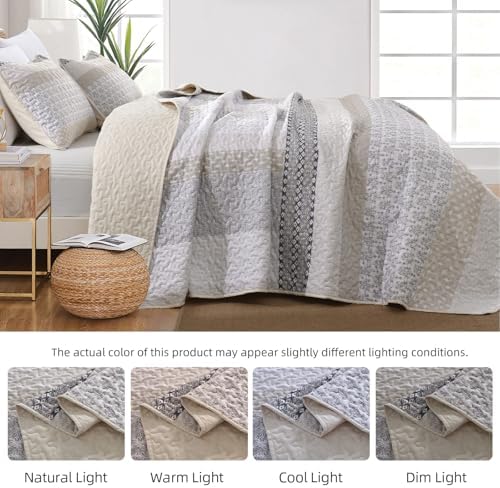 WONGS BEDDING Beige Quilt King Size, Boho Striped Plaid Bedspread
