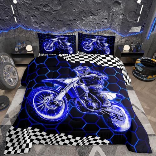 Feelyou Racing Motocross Rider Kids Bedding Set,Boys Girls Toddler Size,Dirt Bike Comforter Set,Extreme Sports Ultra Soft Duvet Quilt,Colorful Modern Comforter Honeycomb Flag Print Bedroom Decor