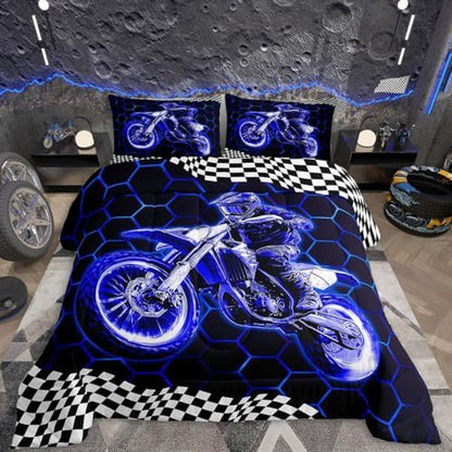 Feelyou Racing Motocross Rider Kids Bedding Set,Boys Girls Toddler Size,Dirt Bike Comforter Set,Extreme Sports Ultra Soft Duvet Quilt,Colorful Modern Comforter Honeycomb Flag Print Bedroom Decor