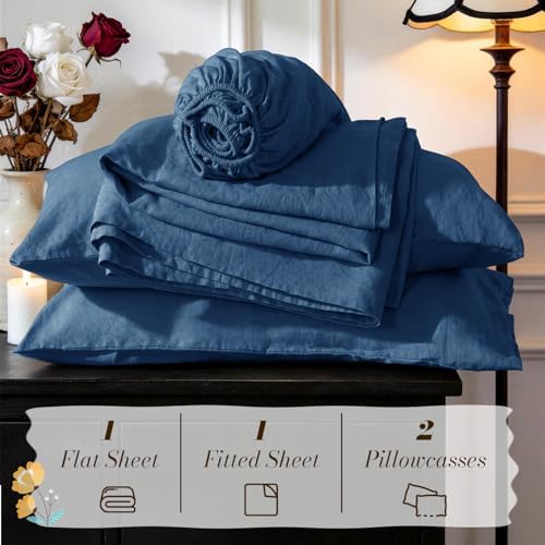 SONORO KATE 100% French Linen King Size Sheets Set,Natural Flax Bedding