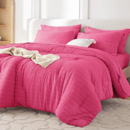 MUXHOMO 5 Pieces Twin XL Comforter Set, Seersucker Bed in a Bag Twin XL Size, All Season Luxury Bedding Set with Comforter, Flat Sheet, Fitted Sheet, Pillowcase & Sham, Hot Pink