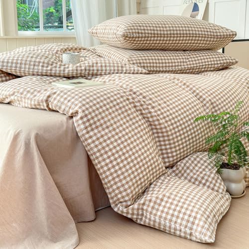LifeTB Queen Comforter Set Tan Gingham Comforter Modern Style Beige Plaid Comforter Set 3 Pieces Fluffy Grid Checkered Comforter with 2 Pillowcases Boho Gingham Bedding Set Queen Size