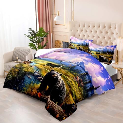LUVIVIHOME 2PCS Black Bear Deer Comforter Set Twin Size, Mallard Duck Moose Mountain Lake Forest Animal Wildlife Hunting Hunter Country Lodge Rustic Farmhouse Cabin Bedding Sets, 1 Pillow Sham