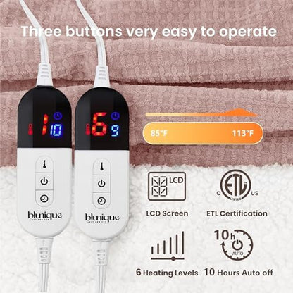 Heated Blanket Electric Blanket King Waffle, 90x100 Inches Dual Controllers Sherpa Fleece Fast Heating Blanket 6 Heating Levels & 10 Hours Auto Off ETL Certification, Pink King