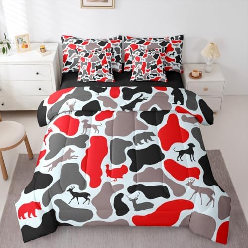 Erosebridal Deer Hound 7 Piece Bedding Set Queen Camo Comforter Set with Sheets Turkey Bear Retro Wolf Pattern Bed in a Bag Red Woods Army Camouflage for Kids Boys Girls