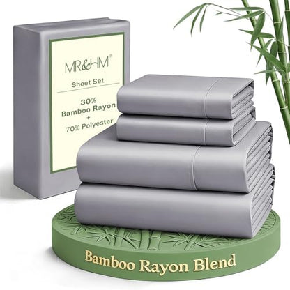 MR&HM Queen Sheets 4 Pieces, Rayon Derived from Bamboo Blend, Silver Grey