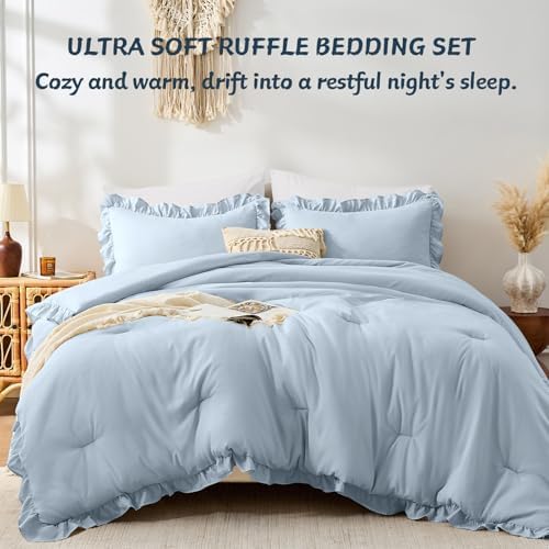 FUANNA Queen Comforter Set, 3 PCS Bedding Sets, Ruffle Bed Set Grayish Blue