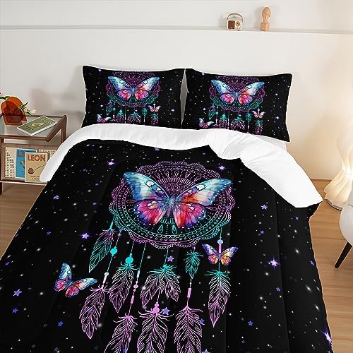 HOSIMA Dream Catcher Tween Bedding Sets for Girls,Butterfly Feather Dream Stories Comforter Set Kidcore Room Decor Aesthetic Galaxy Starry Black Princess Twin Bedding Set with 2 Pillowcases.