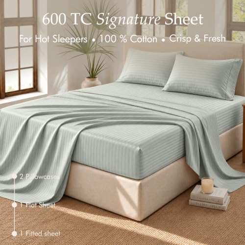 Threadmill 600TC Cotton Full Sheet Set, Sateen, Damask Stripe, Grey