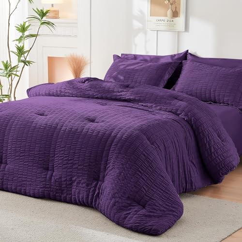 HYMOKEGE Dark Purple Full Size Comforter Sets Seersucker 7 Pieces, All Season Luxury Bed in a Bag for Bedroom, Bedding Set with Comforter, Sheets, Pillowcases & Shams