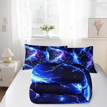Nttopship Blue Lightning Comforter Set Full Size Bed in A Bag,Lightning Bedding Set for Teen Adult Blue Room Decor Ultra-Soft Lightweight Microfiber with 2 Pillowcases
