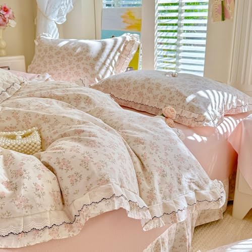 mixinni Shabby Chic Floral Duvet Cover Set Twin, 100% Cotton Cottagecore Bedding with Double Ruffle Lace Trim, Reversible Pink Rose Flower Vintage Farmhouse Comforter Cover with Zipper & Corner Ties