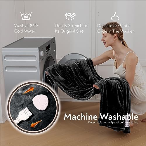 Wapaneus Foot Pocket Heated Blanket Electric Throw with 10 Heating Levels and 4 Timer Settings 4 Hours Auto Shut Off, Flannel Fast-Heating Heated Throw 50" x 60", Machine Washable, Black