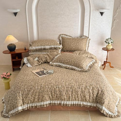 VM VOUGEMARKET Floral Duvet Cover Set Twin for Teen Girls,Shabby Chic Muted Flower Duvet Cover with 2 Pillow Shams,Double-Layer Gauze Cotton Bedding Set,Comfy,Breathable-Tan 68"x86"