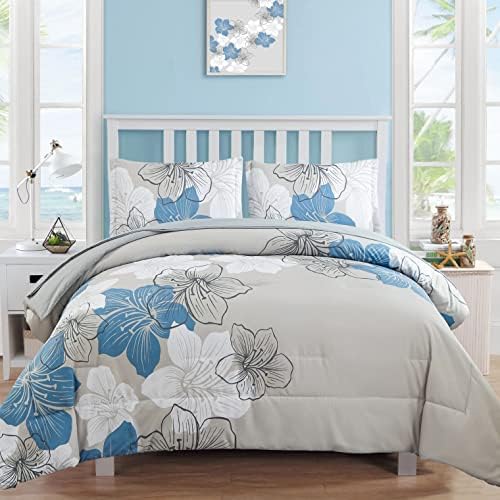 Luxudecor Floral Comforter Set Twin Size, 6 Pieces Bed in a Bag Blue Floral Comforter and Sheet Set, Soft Microfiber Blue Complete Bedding Sets for All Seasons 68"×86"