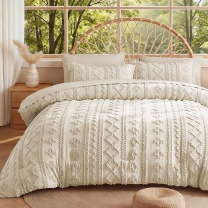 MR&HM Twin XL Comforter Set 5 Pieces Beige, Boho Tufted Bed Set for Dorm