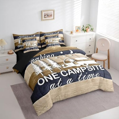 Erosebridal Comforter Set Full Size Camper Rv Camping 7 Pcs Bedding for Kids and Adults, Rustic Farmhouse Bed Sheet Sets Vintage Car Camper Accessories for Travel Trailers Bedroom Bed Decor