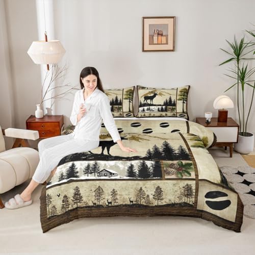 Erosebridal Deer Hunting Comforter Set Twin Size Wild Animal Deer Print Bedding for Boys Girls Western Themed Bedding Comforter Sets Grids Patchwork Decor Duvet Insert Hunting Theme Quilt 2 Pcs