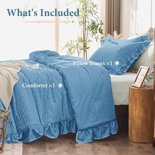 JOLLYVOGUE Twin Size Comforter Set, 2 Pieces Sea Blue Seersucker Lightweight Fluffy Bedding Set, Twin Ruffle Comforter, All Season Soft Microfiber Shabby Chic Bed Set