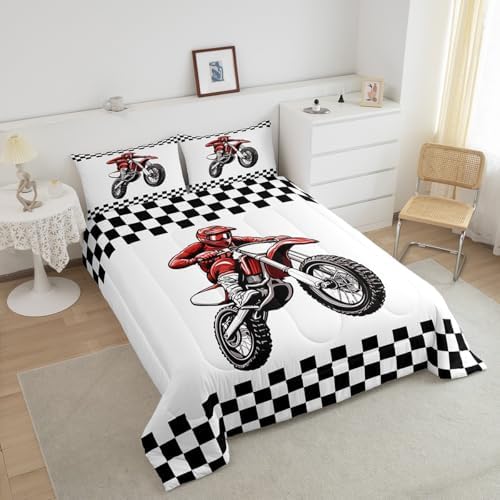 Feelyou Dirt Bike Bedding Set Kids Boys Girls Queen Size Racing Motocross Rider Comforter Set Teen Adult Ultra Soft Motorcycle Racer Comforter Extreme Sports Duvet Quilt Black and White Check Quilt