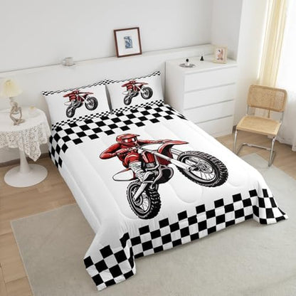 Feelyou Dirt Bike Bedding Set Kids Boys Girls Queen Size Racing Motocross Rider Comforter Set Teen Adult Ultra Soft Motorcycle Racer Comforter Extreme Sports Duvet Quilt Black and White Check Quilt