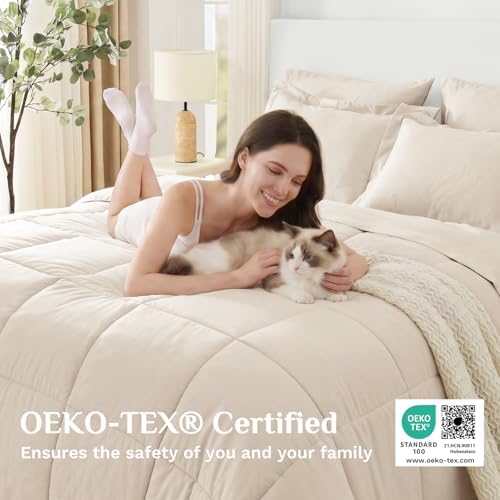 JOLLYVOGUE Queen Comforter Set, Ultra-Soft Bed in a Bag Queen Size 7 Pieces, Oeko-TEX Certified Bedding Set with Down Alternative Comforter, Sheets, Pillowcases & Shams, Beige