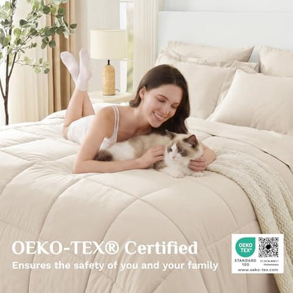 JOLLYVOGUE Queen Comforter Set, Ultra-Soft Bed in a Bag Queen Size 7 Pieces, Oeko-TEX Certified Bedding Set with Down Alternative Comforter, Sheets, Pillowcases & Shams, Beige