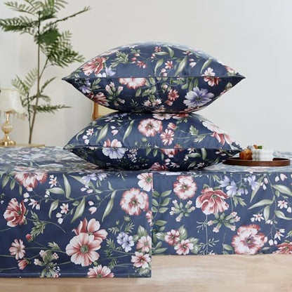 FADFAY Sheets Set Cal King Vintage Dark Blue Floral Bedding Shabby Peony Floral Sheets French Country Bedding 800 Thread Count 100% Egyptian Cotton Deep Pocket Fitted Sheet 4Pcs, California King Size