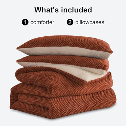 LLanCL 3D Jacquard Design Comforter Set, Ultra-Soft Warm King Size Sherpa Fur Plush 3-Pieces Sets Luxury Cozy Bedding with 2 Pillowcases (104"x90", Burnt Orange)