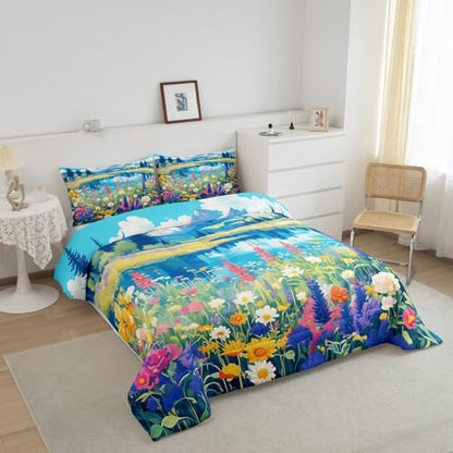 Spring Garden Comforter Set Twin Size,Blossom Flower Lake Mountain Bedding Set for Kids Girls Women Room Decor,Nature Scenery Quilt Set 2Pcs,Floral Botanical Microfiber Duvet Insert,1 Pillowcase