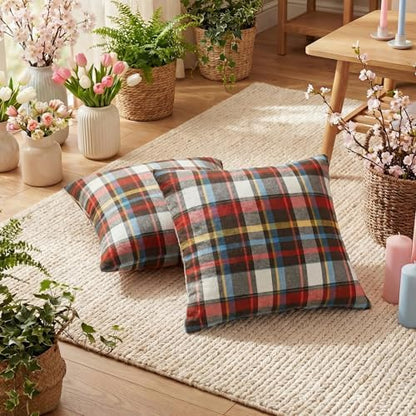 AVOIN colorlife Spring Summer Red Brown Blue Plaid Decorative Throw Pillow Covers, 18 x 18 Inch Holiday Scottish Tartan Cushion Case Farmhouse Decoration for Sofa Couch Set of 2