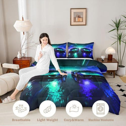 Feelyou Blue Racing Car Bedding Set Soft for Boys Girls, Boys Sports Car Comforter Set Queen Size Racing Extreme Sports Duvet Quilt Microfiber Speed Sports Bedroom Decor 3 Pcs with 2 Pillow Cases