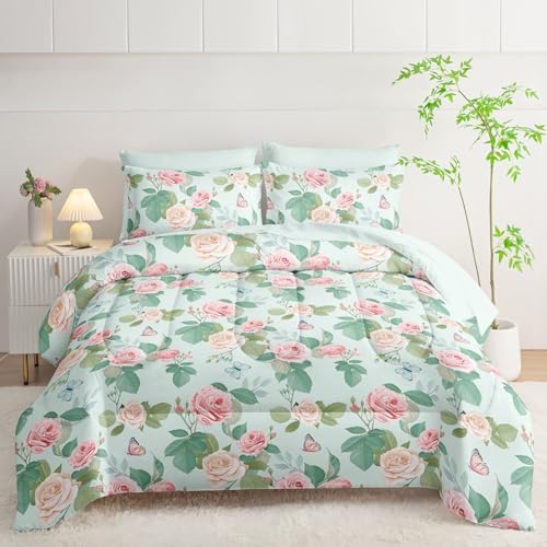 7Pcs Comforter Set Butterfly Flowers Green Leaves Printed Bedding Set with 1 Comforter,1 Flat Sheet,1 Fitted Sheet and 4 Pillowcases for Boys and Girls Bedroom All Season(Twin)