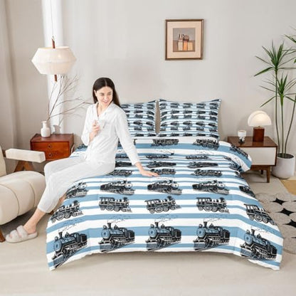 Feelyou Retro Train Comforter Set Queen Size Vintage Steam Locomotive Down Bedding Set for Kids Boys Girls Blue White Geometric Stripes Duvet Quilt Bedroom Decor Microfiber 3 Pcs with 2 Pillow Cases