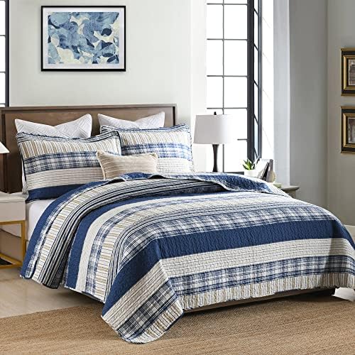 Homzard King Quilt Set Blue 100% Cotton Plaid Farmhouse Bedspread 3PC